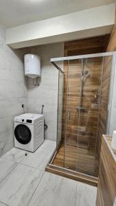 een douche en een wasmachine in de badkamer bij Prestige Bulevar Sarajevo in Sarajevo
