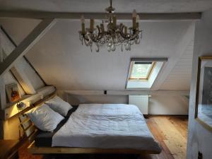 1 dormitorio con cama y lámpara de araña en Alte Schule Brodowin, en Chorin