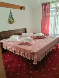 TrăisteniにあるPensiunea Cabana Veverita Valea Doftaneiのベッドルーム1室(赤いカーペット敷きの大型ベッド1台付)