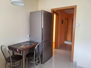 eine Küche mit einem Kühlschrank und einem Tisch mit Stühlen in der Unterkunft Apartament Rose Stalowa Wola in Stalowa Wola