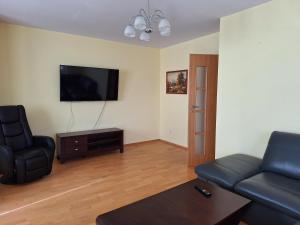 ein Wohnzimmer mit einem Sofa und einem Flachbild-TV in der Unterkunft Apartament Rose Stalowa Wola in Stalowa Wola