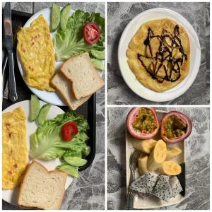 uma colagem de três fotos de sanduíches e comida em Vang Vieng Lily Guesthouse em Vang Vieng