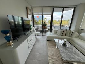 Luxury accommodation في سيدني: غرفة معيشة مع أريكة وتلفزيون بشاشة مسطحة
