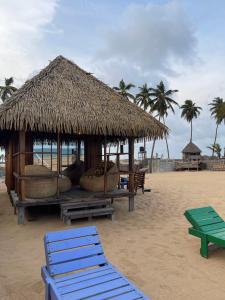 a hut on the beach with blue chairs and palm trees at TATA BEACH in Cadjèhoun