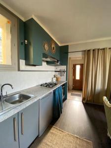 eine Küche mit grünen Schränken und einem Waschbecken in der Unterkunft Maison de village panoramique in Châteauneuf-du-Pape