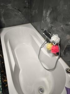 Mühltal Guesthouse في دوسنهايم: حوض استحمام أبيض مع مجفف للشعر