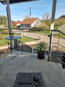 un tapis pour chien sur un porche avec une table dans l'établissement LE CROSERY Clim Rando Ski BBQ Voie Verte, à Thiéfosse
