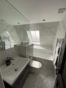 a white bathroom with a sink and a toilet at Beautiful Penthouse in centre of Winchester in Winchester