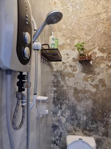 een douche in een badkamer met een toilet bij V Space CAPSULE CAFE MELAKA in Melaka