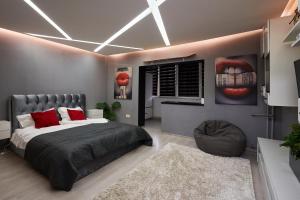 a bedroom with a large bed with red pillows at Modern Studio ground floor & designer lighting in Timişoara