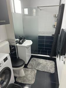 a bathroom with a toilet and a washing machine at Modern Studio ground floor & designer lighting in Timişoara