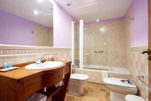 a bathroom with a sink and a toilet and a shower at Hotel Puerta Sepúlveda in Sepúlveda