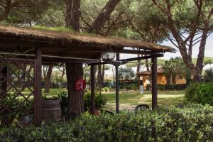 a hut with a grass roof and a tree at Area Sosta La Pampa in Marina di Grosseto