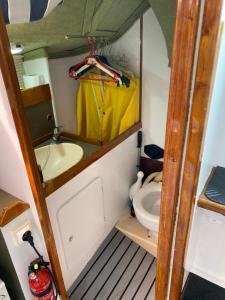 un piccolo bagno con lavandino e servizi igienici di Nuitée à bord de Danilou un voilier de 9.50m a Sète