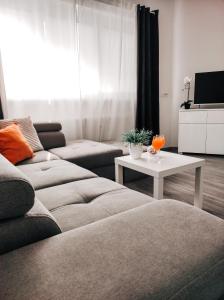 盧比安納的住宿－Apartment Kino，客厅配有沙发和桌子