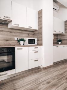 a kitchen with white cabinets and a microwave at Apartment Kino in Ljubljana