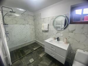 a bathroom with a sink and a shower and a mirror at White River 60 in Câmpulung Moldovenesc