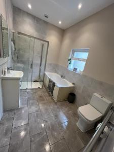 a bathroom with a tub and a toilet and a sink at Victoria Apartments in Torquay