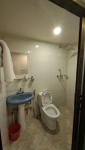 un baño con inodoro y lavabo en Tashi Pal Hotel Pvt. Ltd, en Katmandú