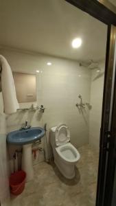 a bathroom with a toilet and a sink at Tashi Pal Hotel Pvt. Ltd in Kathmandu +36 photos