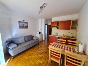 斯塔拉巴斯卡的住宿－Apartmani Cindrić，厨房以及带沙发和桌子的客厅。