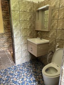a bathroom with a toilet and a sink and a shower at Heidi’s Beach Stay in Mombasa +11 photos