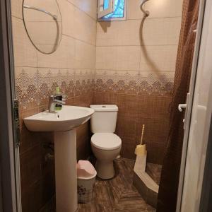 La petite salle de bains est pourvue de toilettes et d'un lavabo. dans l'établissement 53 jincharadze street, à Batoumi