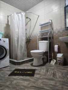 y baño con aseo, ducha y lavadora. en 53 jincharadze street, en Batumi