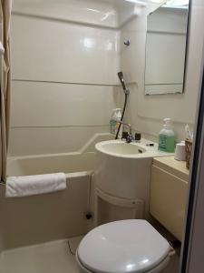 małą łazienkę z toaletą i umywalką w obiekcie Naeba Lodge Oka w mieście Yuzawa