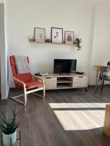 sala de estar con silla y TV en THE SUNFLOWER APARTMENT en Ronzo Chienis