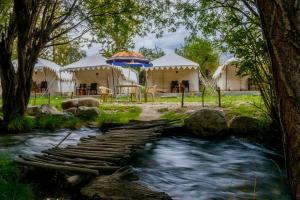 a bridge over a stream in front of tents at Royal Deluxe Camp & Resort, Hunder- Nubra in Nubra