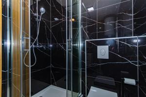 a bathroom with a shower with black tiles at Apartman Krželj A2 in Livno