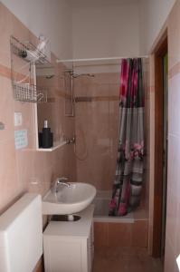 een badkamer met een wastafel en een douche bij cute colorful studio in Pula