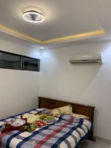 a bedroom with a bed with a checkered blanket at Naturally green and eco friendly 4 bedroom ensuite(Badoo' Parliament) in East Legon