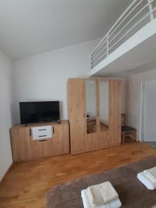 a room with a bed and a tv on a wooden cabinet at Nemanjina Centar in Pančevo
