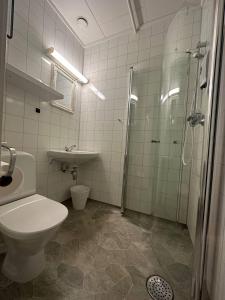 uma casa de banho com um WC, um chuveiro e um lavatório. em Terråk Gjestegård em Terråk