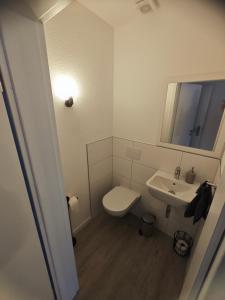 een kleine badkamer met een toilet en een wastafel bij Ferienwohnung Freise in Telgte