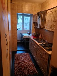 Una pequeña cocina con estufa y fregadero. en Garsoniera MAIA Slănic-Moldova, en Slănic-Moldova
