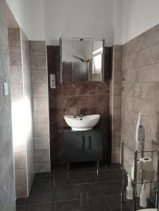 uma casa de banho com um lavatório e um espelho em Krezo Ház em Gyenesdiás