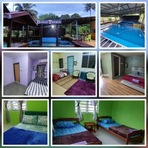 eine Collage mit Fotos eines Hotelzimmers mit Pool in der Unterkunft Dangau TokWan in Pokok Sena
