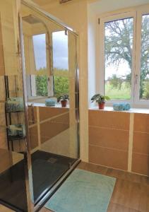 ducha con puerta de cristal y ventana en Céshap - Chambres d'hôtes en Taden