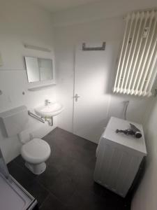 a white bathroom with a toilet and a sink at one Room Apartment 15 min to Fair in Hannover