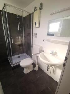 een badkamer met een douche, een toilet en een wastafel bij one Room Apartment 15 min to Fair in Hannover