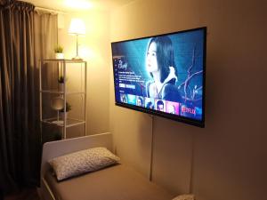 een flatscreen-tv aan een muur in een kamer bij one Room Apartment 15 min to Fair in Hannover