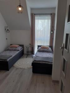 1 Schlafzimmer mit 2 Betten und einem Fenster in der Unterkunft Apartament w Starym Młynie in Sobótka