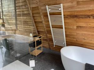 baño con aseo blanco y escalera en Cabaña en la Vera balcón, en Talaveruela