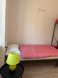 a bed with a green lamp on a table at The Tulip: 2 rooms apartment in Ronzo Chienis