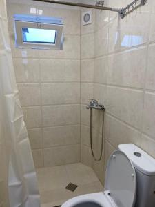 a bathroom with a shower with a toilet and a window at GuestHouse LILIA &Wine Celler in Tʼelavi