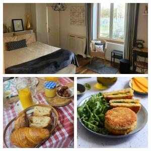 eine Collage mit Bildern eines Tisches mit einem Teller Essen in der Unterkunft La Roseraie in Neuville-du-Poitou