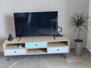 a tv on top of a wooden entertainment center at Sunny Apartment in Kali